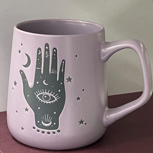 Fig and Fern Boho HAMSA HAND Evil Eye Ceramic Coffee Mug Purple - Picture 10 of 13